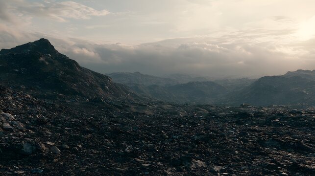 Dramatic landscape of a vast rocky desert under a cloudy sunset sky. Represents environmental change or harsh wilderness themes.