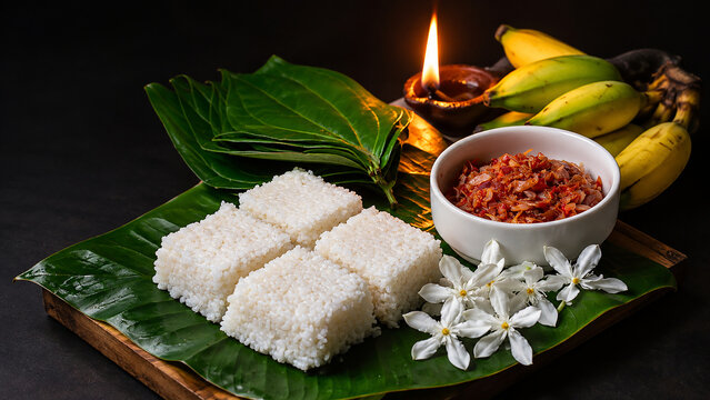 Sri Lankan New Year, Aurudu, kiribath, traditional food, oil lamp, Sinhala New Year, Sri Lanka, festive meal, milk rice, cultural celebration