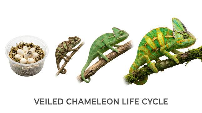 The veiled chameleon life cycle, showing eggs, a juvenile, an adolescent, and an adult chameleon on branches
