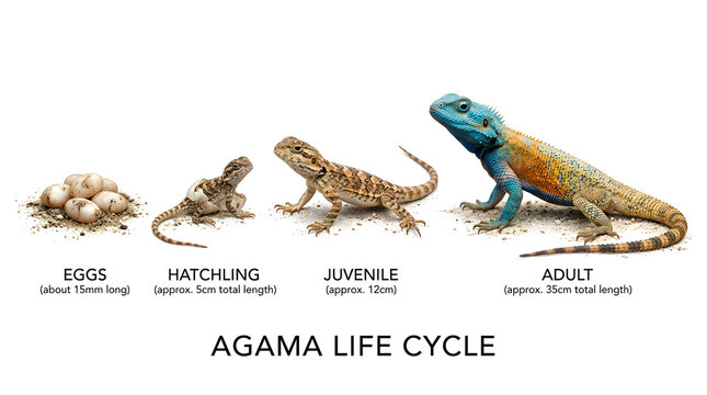The agama lizard's life cycle, from egg to adult, showing five distinct stages of development. This educational visual details the growth progression of the reptile