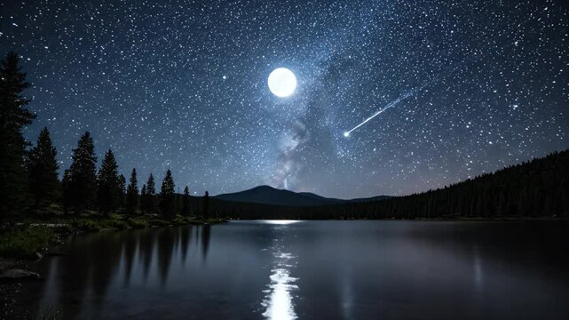 Tranquil Night Scene: Full Moon, Stars, and Lake Reflection - A serene night scene unfolds with a bright full moon shining above a vast expanse of stars, including a visible milky way.