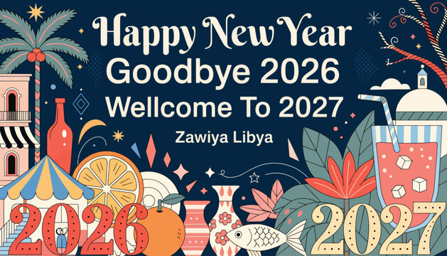 Happy New Year celebration background with tropical elements