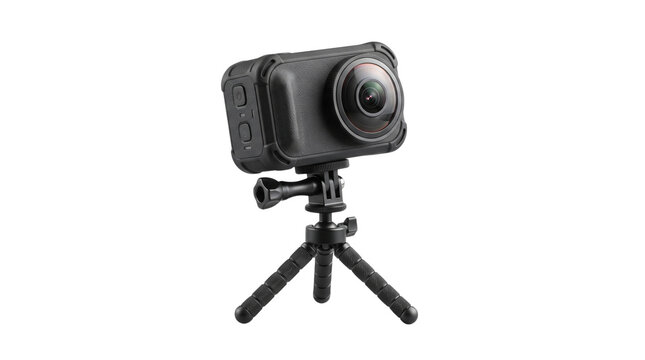 Compact 360 action camera on mini tripod, professional panoramic video equipment, black dual-lens digital camera for vlogging and sports