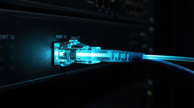 Glowing fiber optic cable connected to a network switch port