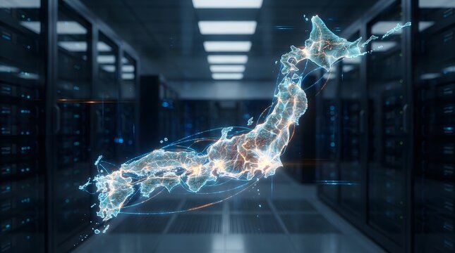 Glowing neon outline of the Netherlands in a futuristic digital environment, symbolizing connectivity, geographic technology, data networks, and innovation.