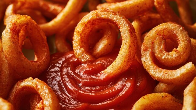 Crisp golden brown curly fried potato spiral with rich red tomato dipping sauce close-up for snack or appetizer