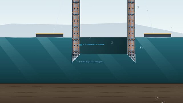 Animation of underwater caisson bridge pier construction process showing submergence, dredging, bedrock contact, and concrete pouring phases