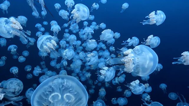 Underwater Jellyfish Swarm in Deep Blue Ocean Currents - A large swarm of translucent jellyfish drifts through deep blue ocean currents, their delicate tentacles trailing behind them.