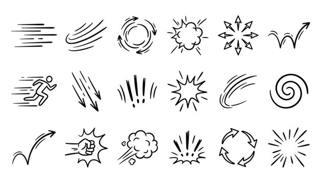 Set of hand-drawn comic speed lines, action effects, impact bursts, and motion symbols isolated