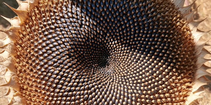 Dried sunflower head with interlocking seeds in tight spiral pattern