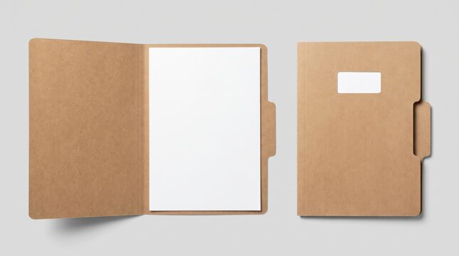 Blank kraft paper document folder mockup with white A4 sheet and label tab