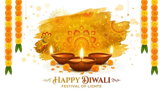 Happy diwali festival of lights greeting card with marigold flowers