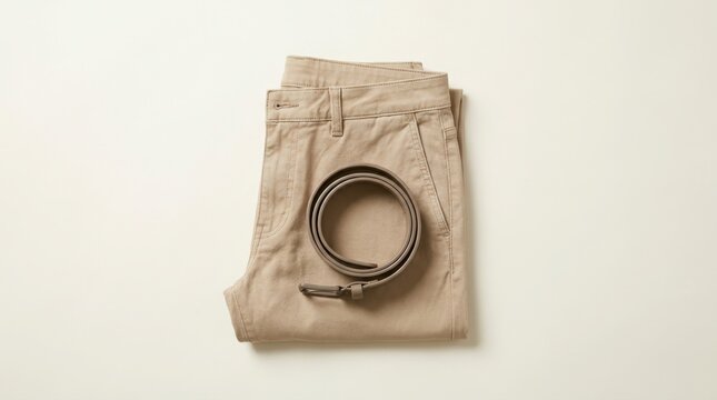 Folded Beige Chinos and Leather Belt on White Background.