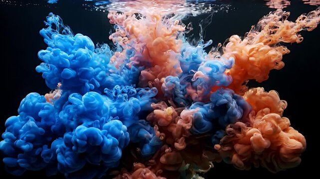 Vivid Blue and Orange Ink Explosion in Black Water - Vibrant blue and orange inks are swirling and exploding in dark, black water, creating a dramatic and abstract visual effect.