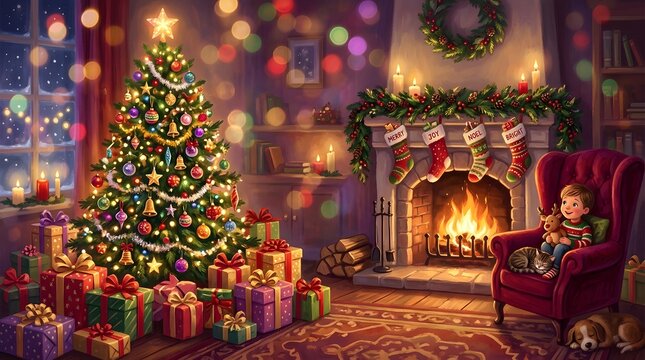 A cozy and enchanting christmas scene unfolds with a beautifully decorated tree a warm fireplace and the promise of joyful moments shared with