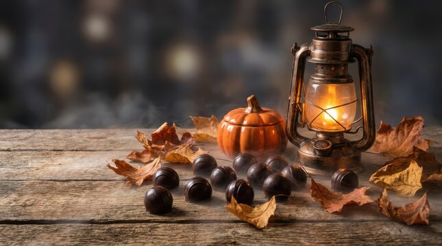 Glowing lantern with pumpkin and autumn leaves on a rustic wooden table