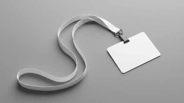 Blank white horizontal ID card badge with lanyard mockup on grey background