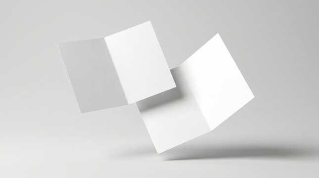 Floating blank white bi fold brochure or greeting card mockup on grey studio background