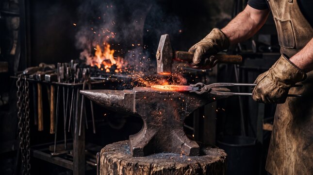 Professional blacksmith hammering glowing hot metal on an iron anvil in a traditional workshop with sparks and forge fire background