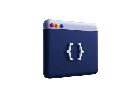 3D browser window icon with code brackets symbol isolated on a white background
