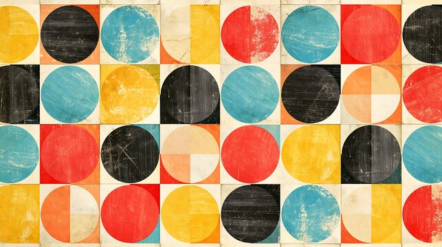 Mid-century modern abstract geometric wall art featuring a grid of colorful textured circles and semicircles.