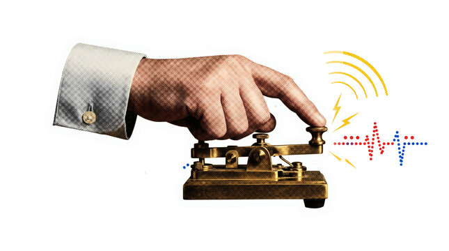 Morse code telegraph sticker, hand pressing brass vintage telegraph key transmitter with yellow radio broadcast wave rays. Vintage telecommunication signal on transparent background.