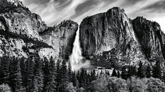 Dramatic black and white landscape of Yosemite Falls with powerful water cascading down towering granite cliffs.