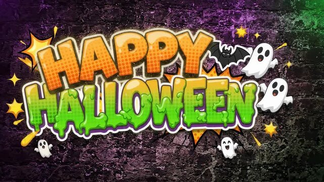 Vibrant comic-style 'Happy Halloween' text with spooky ghosts, a bat, and stars on a dark, textured background, perfect for a festive celebration.