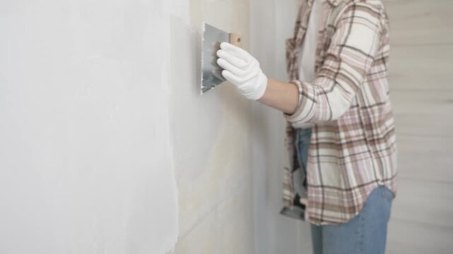 Unknown female construction worker wearing protective gloves applying plaster, smoothing wall surface during home renovation work