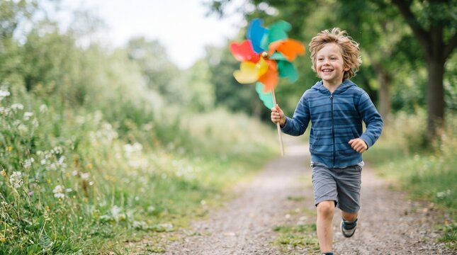 Happy boy running outdoors with a colorful pinwheel toy