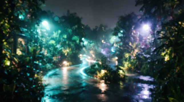 Enchanting Botanical Garden at Night with Rain and Vibrant Lights