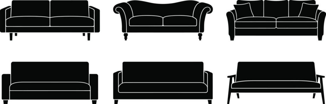 Modern sofa silhouette collection, set of 6 black couch icons, minimalist living room furniture vector, contemporary home interior seating elements