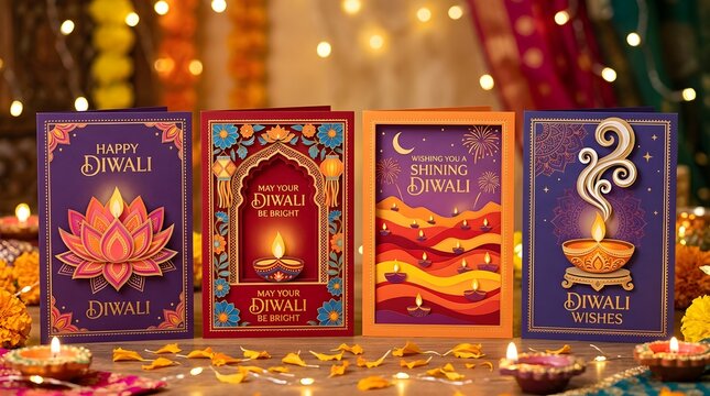 Collection of colorful diwali greeting cards with festive decorations