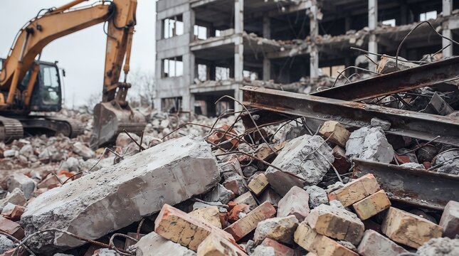 Excavator Demolishing Concrete Building at Large Construction Site
