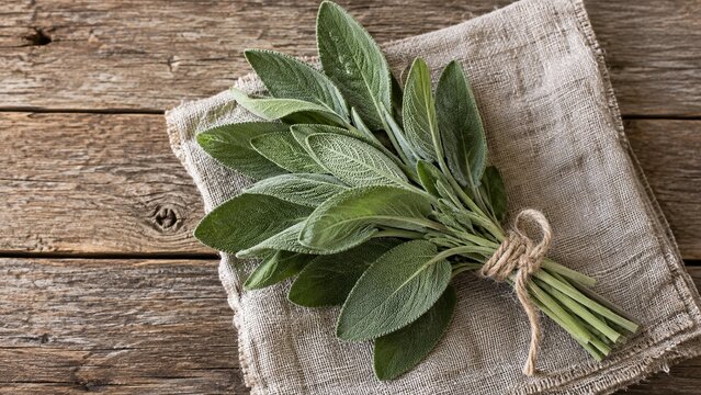 Fresh green sage bundle tied with twine on linen cloth over weathered wooden planks