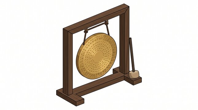 Traditional musical gong with wooden frame and mallet instrument percussion tradition isolated