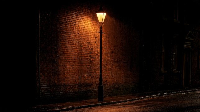 Vintage street lamp casting warm light on textured brick wall at night with wet pavement and dark urban atmosphere