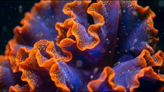 Macro close-up of colorful nudibranch mantle frills, vibrant purple and neon orange glowing marine life texture, deep sea underwater biology and abstract alien nature concept