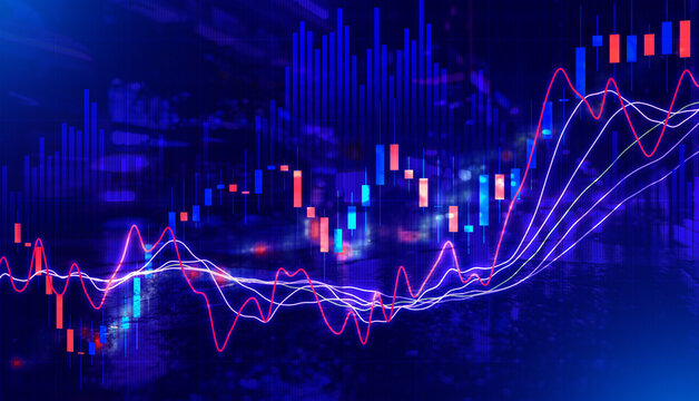 An intricate, glowing financial stock market chart featuring vibrant candlestick bars and multiple dynamic indicator lines, overlaid on a dark blue background with abstract digital patterns, represent