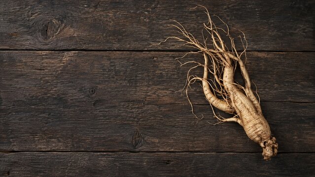 Whole ginseng root with delicate rootlets on dark weathered wooden planks from above