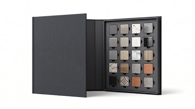 An open black presentation folder containing a grid of twenty-five small square tile samples with various textures, colors, and patterns