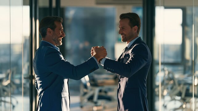 Two professional coworkers exchange a cheerful fist bump, highlighting partnership, startup culture, and successful teamwork across a diverse office.