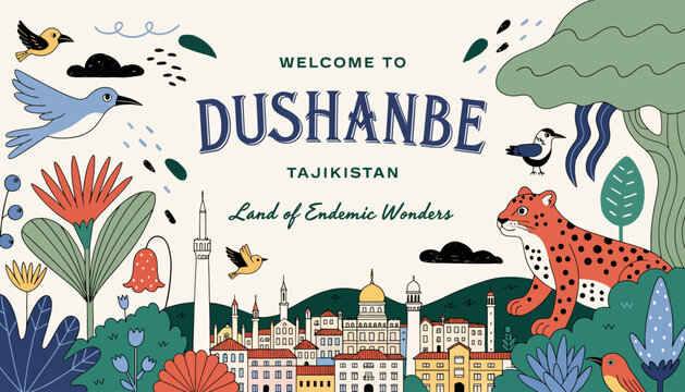 welcome to dushanbe, tajikistan cityscape with animals and plants