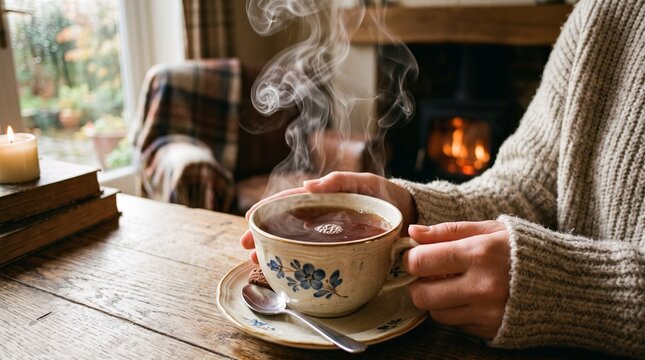 Tea Cup with Steam &mdash; a close-up of hot tea with beautiful steam, cozy atmosphere