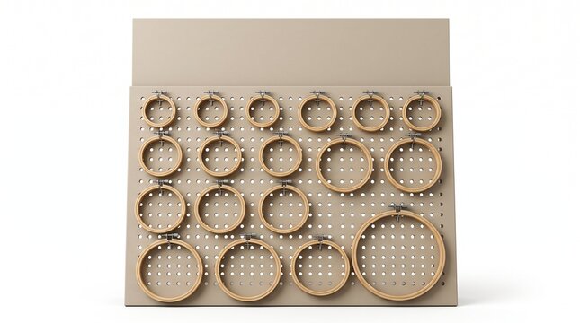Beige pegboard display stand holding various sizes of wooden embroidery hoops arranged in rows on a white studio background