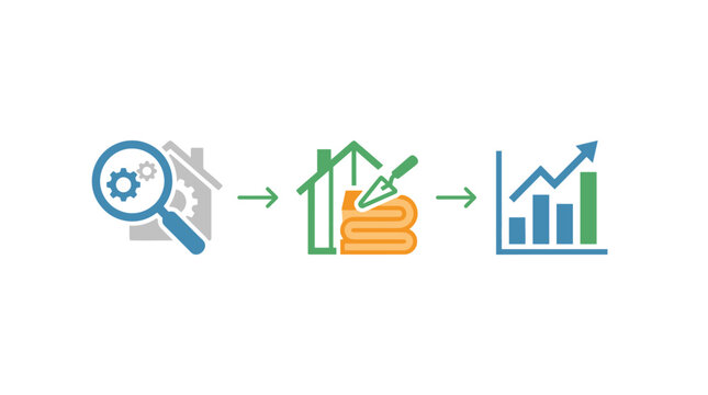 Energy efficiency timeline vector illustration showing home audit renovation process and financial savings growth