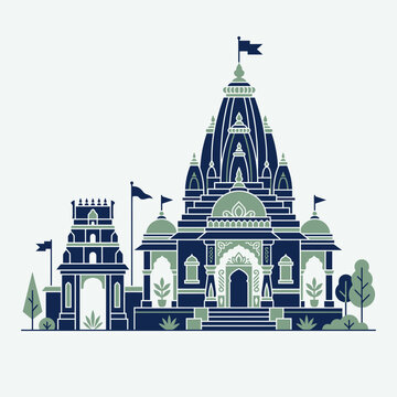 Minimalist flat vector illustration of a contemporary Hindu temple featuring traditional shikhara towers and gopuram gates in a modern blue and green color scheme.