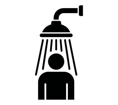 Black silhouette icon of a person taking a shower standing under a water head on white background