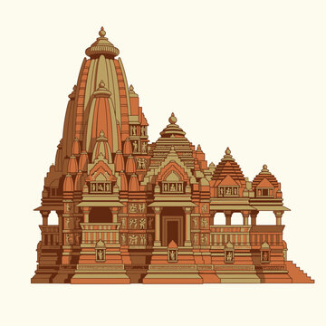 Ancient Khajuraho Hindu Temple Flat Vector Illustration, Nagara Style Indian Architecture Monument with Intricate Carvings and Sandstone Texture Isolated on White Background.
