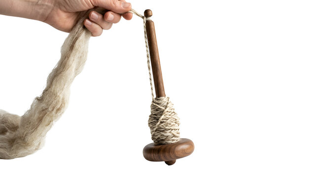 Traditional drop spindle with wool isolated on white background, ideal for textile craft and spinning design projects, and creative projects, high quality visuals, modern branding needs